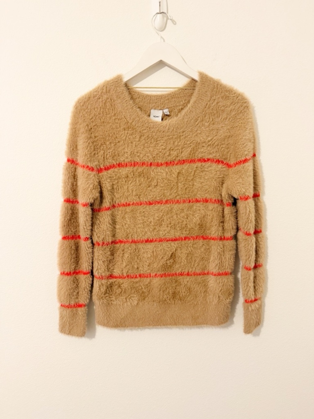 ICHI Tan Red Striped Crew Neck Sweater Fuzzy Size Small S